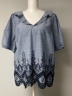 Talbots Blue Chambray Embroidered Crochet Large Top Cotton Cottagecore